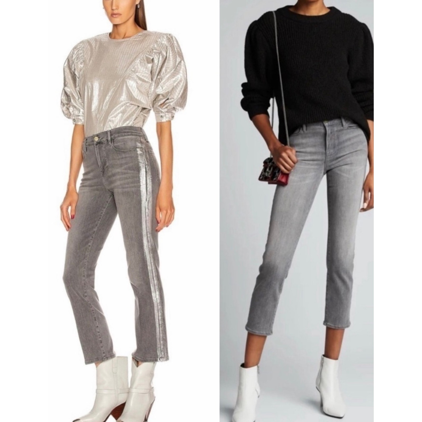 Frame Le High Straight Field Foil Tux Jeans Gray Metallic Stripe Sz 26